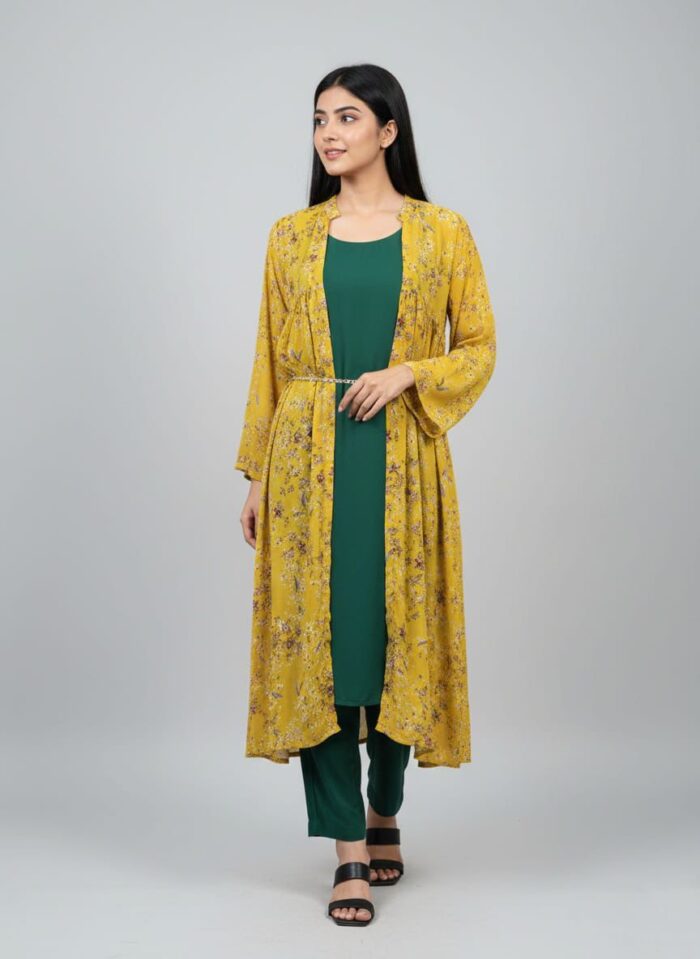 Gown Style 3 Piece Long Shirt Yellow - Image 2